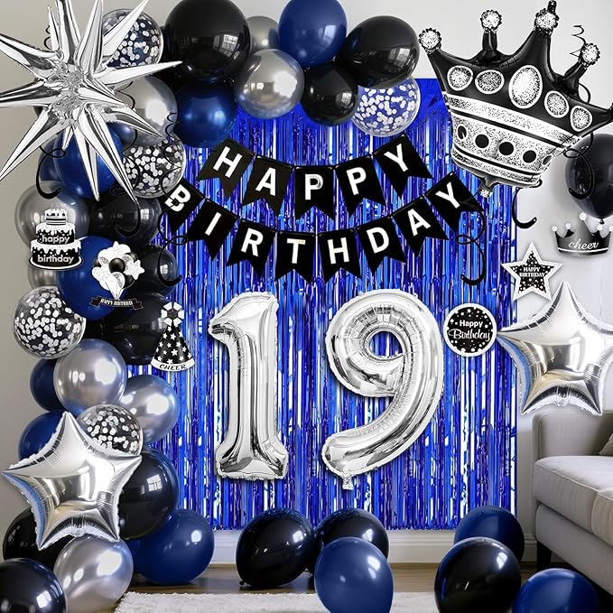 19th Birthday Decorations for Boys and Girls, Black Blue Silver Happy Birthday Number 19 Balloons, Banner, Fringe Curtains Garland Kit - 19 Year Old Party Supplies