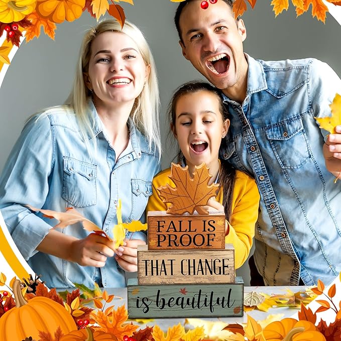 4 Pcs Thanksgiving Decoration for Home Wooden Maple Leaf Thanksgiving Table Centerpiece Fall Tiered Tray Decor Rustic Decorative Maple Leaf Block Signs Farmhouse Fall Decoration for Home