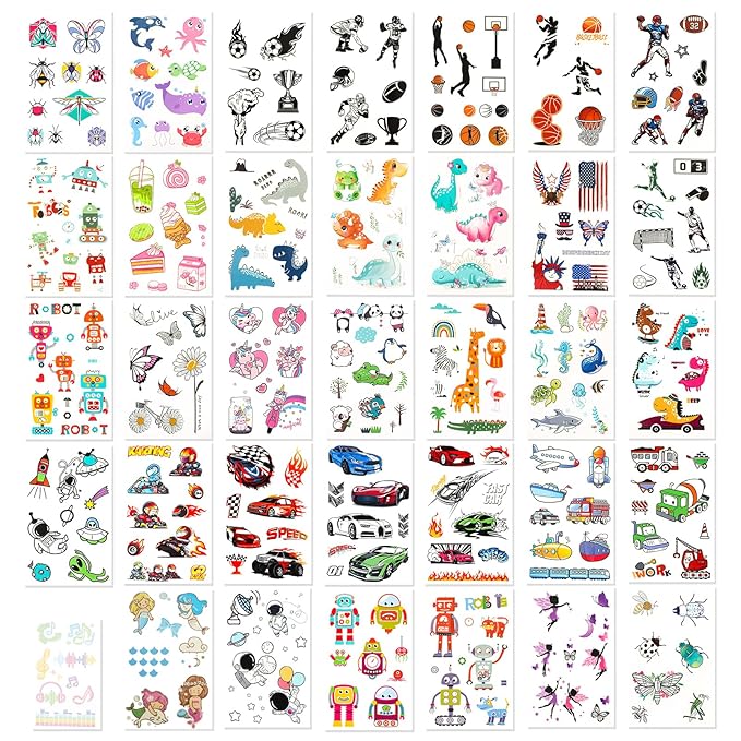 350+ Kids Themed Designs Temporary Tattoos for Boys - Individually Wrapped, Glow in the Dark, Waterproof Fake Tattoos - Multiple Themes: Dinosaur, Animal, Truck, Ocean, Baseball, Soccer, Sports, Car