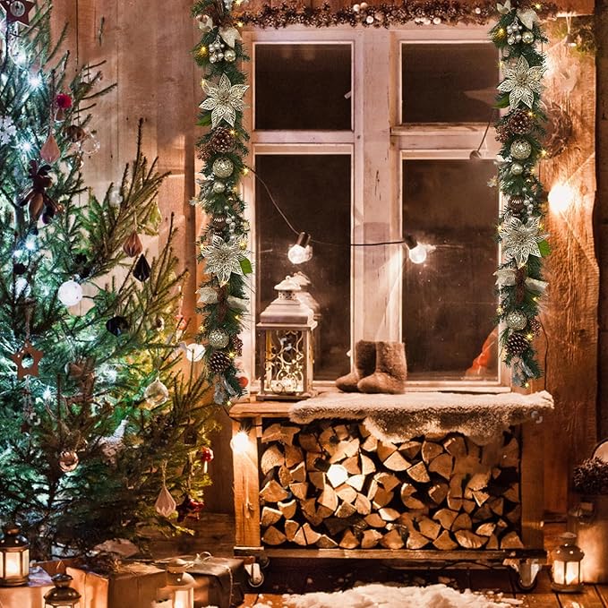 GarveeHome Christmas Garland with Lights for Mantle, 6 ft Pre-Lit Xmas Garland with Brown Ball Ornaments Pine Cones and Ribbon Bows for Fireplace Front Door Window Indoor Outdoor Christmas Decoration