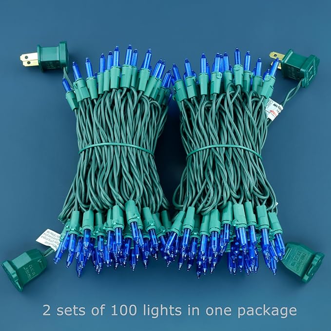 YULETIME 200 Blue Christmas Lights, Pack of 2 Sets 33 Feet 100 Count UL Certified Incandescent-Like LED Mini String Lights (Blue - Green Wire)