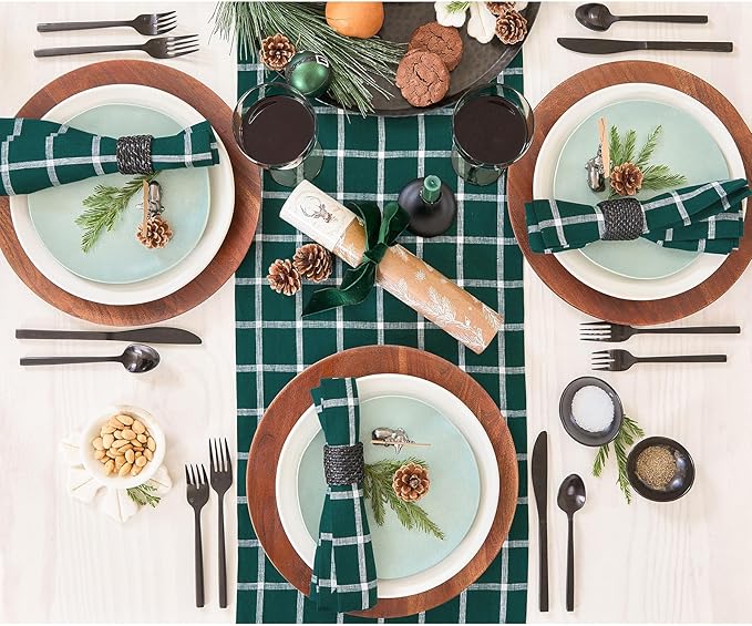Solino Home Linen Table Runner 120 Inches Long - 100% Pure Linen Windowpane Dark Green Table Runner 14 x 120 Inch for Dining, Christmas, Holiday, Xmas, Winter