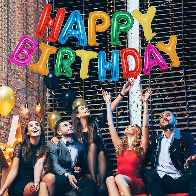 Accevo 7 Color Rainbow Happy Birthday Balloons Banner 16 Inch Mylar Foil Letters Balloons Happy Birthday Sign Banner for Kids, Child, Adults, Boys & Girls Birthday Party Decorations Balloon Supplies