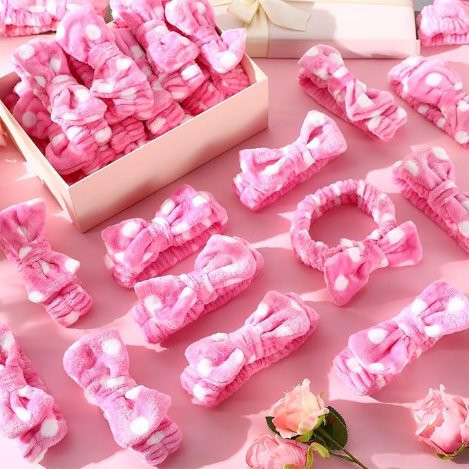 50 Pcs Pink Spa Headband Bulk Spa Sleepover Party Supplies for Washing Face with Removable Bow Makeup Elastic Bowknot Headbands for Women Gifts Soft Skincare Microfiber Hairbands(Dots Style)