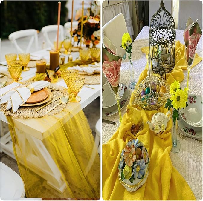 RestfulGlow12 Pack Yellow Cheesecloth Table Runner 10FT Boho Gauze Fabric Table Runner 35 x 120 Inch Rustic Sheer Runner for Centerpiece Wedding Decor Baby Shower Party Boho Table Decoration