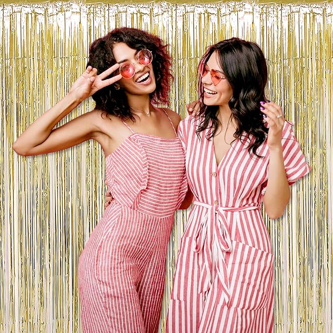 6 Pack Light Gold Foil Fringe Curtains Backdrop, 3.28 x 9.8 Ft Metallic Streamers Tinsel Curtains Background for Photo Booth, Birthday, Halloween, Christmas, Thanksgiving, New Year Party Decorations