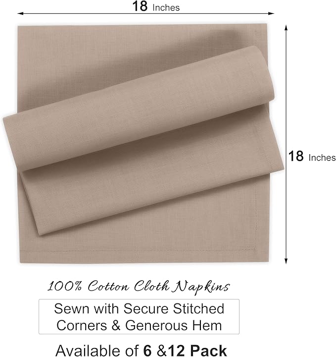 Ruvanti Premium Cloth Napkins Set of 12, 18x18 Inches, 100% Cotton, Washable, Soft & Absorbent, Perfect for Wedding, Christmas, Thanksgiving Dinners - Light Taupe