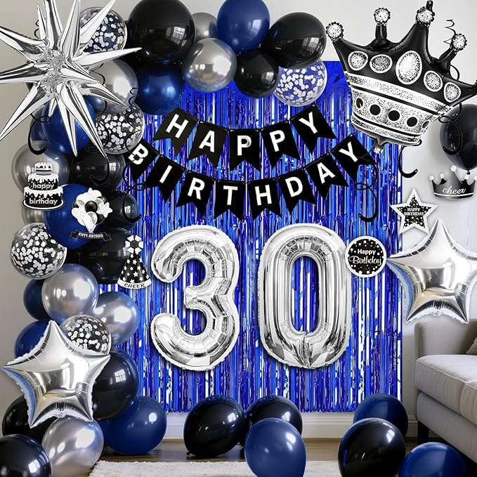 30th Birthday Decorations for Men and Women, Black Blue Silver Happy Birthday Number 30 Balloons, Banner, Fringe Curtains Garland Kit - 30 Year Old Party Supplies