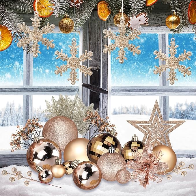 Sratte 94 Pcs Christmas Tree Decorations Set, Christmas Tree Ball Ornaments Glitter Poinsettia Flowers Decorations Glitter Berries Stems for Xmas Holiday Wedding(Champagne Gold)