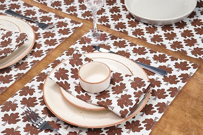 PurpleEssences Fall Harvest Thanksgiving Napkins 18x18 Inch,Set of 6-100% Cotton Autumn Leaves Print - Reusable, Washable Dinner Napkins for Home, Kitchen & Parties - Fall Maze