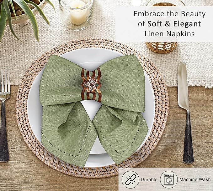 Ruvanti Premium Linen Napkins Set of 4-20x20 Inch, Classic Hemstitch, Mitered Corner Cloth Napkins - Soft, Elegant Dinner Napkins Cloth Washable for Weddings, Parties, Everyday Use - Olive