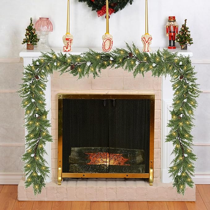 Prelit Pine Garland Realistic with Timer, 6FT Faux Christmas Garlands Battery Operated,Winter Garland for Xmas Holiday Outdoor Indoor