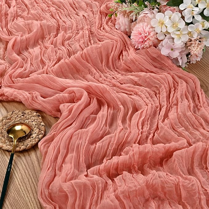 5 Packs Cheesecloth Runner Peach Coral, 35x120 Inch Rustic Gauze Boho Wedding Decoration, 10Ft Table Cloth for Party Bridal Shower