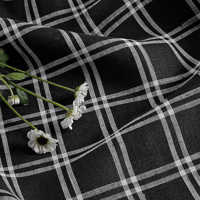 Solino Home Fall Table Runner 108 Inches Long - 100% Pure Linen Marseille Plaid Black Table Runner 14 x 108 Inch for Dining, Autumn, Thanksgiving, Christmas