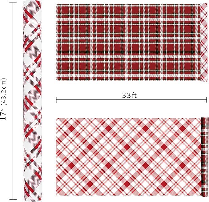 LaRibbons Reversible Christmas Wrapping Paper Roll, Classic Red & White Tartan Plaid Gift Wrap for Christmas, Holiday, Winter Party, 17 Inch x 33 Feet