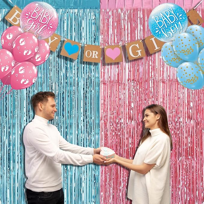 4 Pack 3.2Ft x 9.8Ft Pink Blue Foil Fringe Curtain Backdrop, Metallic Tinsel Foil Fringe Streamers Curtains for Photo Booth, Wedding, Gender Reveal Backdrop Boy or Girl Birthday Party Decoration