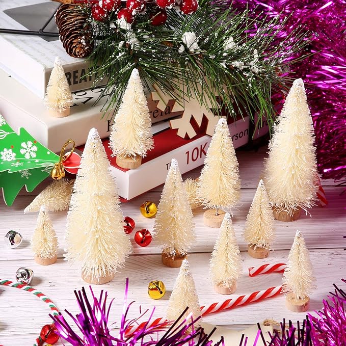 SATINIOR 60 Pieces Artificial Mini Christmas Tree Sisal Snow Trees Bottle Brush Christmas Trees Pine Trees Ornaments with Wooden Base for Christmas Party Home Decoration (4 Sizes, White)
