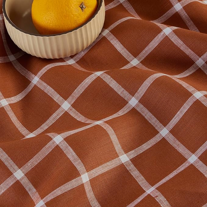 Solino Home Fall Plaid Table Runner 120 Inches Long - 100% Pure Linen Windowpane Cinnamon Table Runner 14 x 120 Inch for Dining, Autumn, Thanksgiving