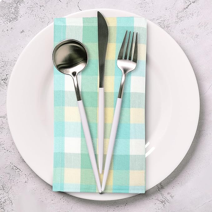 Urban Villa Cotton Dinner Napkins Set of 12 Highly Absorbent Soft Premium Cloth Napkins 20x20 Inches Hotel Quality Reusable & Washable Table Dinner Napkins for Home (Green Sand Buffalo Checks)