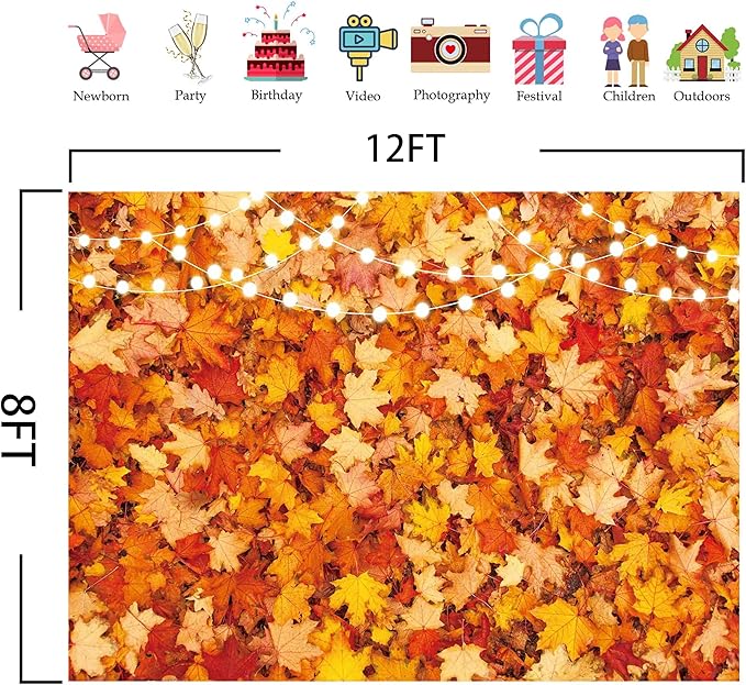 12x8FT Fall Autumn Photo Backdrop for Photography Maple Leaf Pumpkin Thanksgiving Day Harvest Background Fall Forest Party Decorations