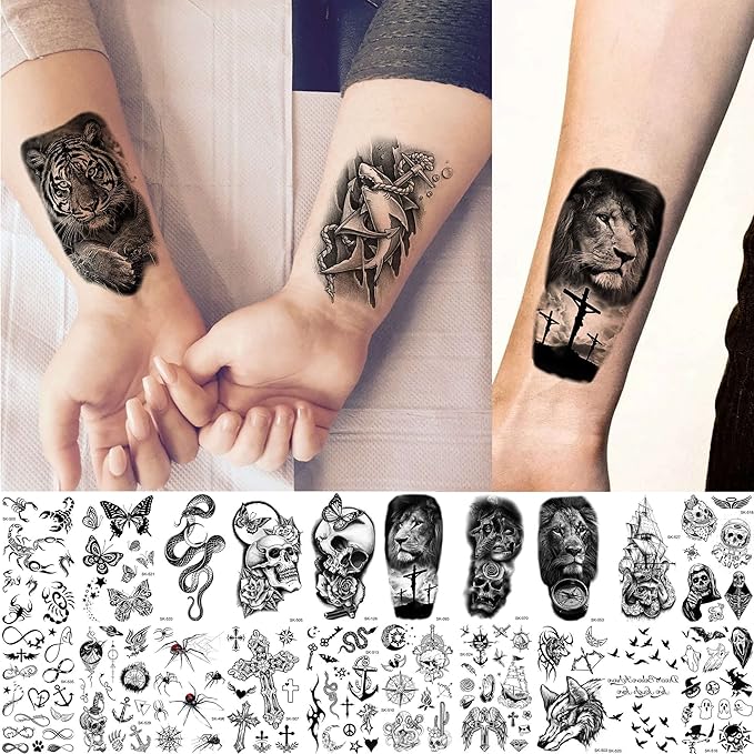 48 Sheets 3D Small Temporary Tattoos For Kids Women Neck Girls Arm Boys, Temp Tiny Halloween Tattoo Stickers Men Spider Cross Scorpion Snake Tiger Lion, Flower Ghost Skull Fake Tatoos Acnhor