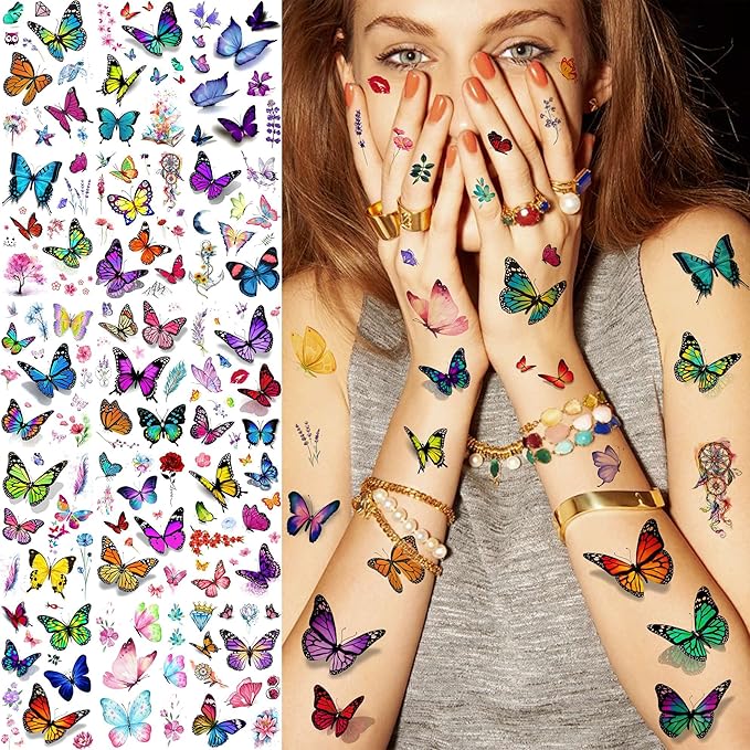 24 Sheets 155+ PCS 3D Colorful Butterfly Temporary Tattoos For Women Arm Boobs, Watercolor Butterfly Tattoos Stickers, Long Lasting Small Fake Tattoos For Kids Girls Adult Neck Cholo Lavender