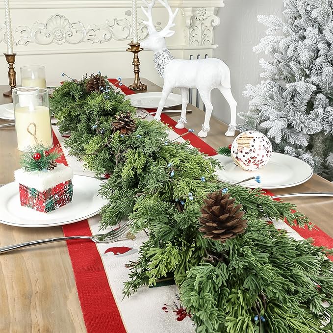6 FT Cedar Garland - Artificial Christmas Garland with Pine Cones Berry for Christmas Decorations Holiday Seasonal Outdoor Indoor Home Decor