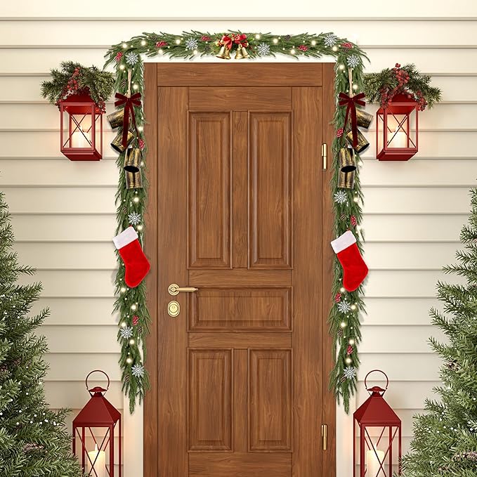 2 Pcs 6FT Christmas Garlands Norfolk Pine Garland - Real Touch Winter Pine Garland, Artificial Norfolk Tree for Indoor Outdoor Holiday Decor, Fireplace Mantel, Door, Porch (Burgundy Bell)