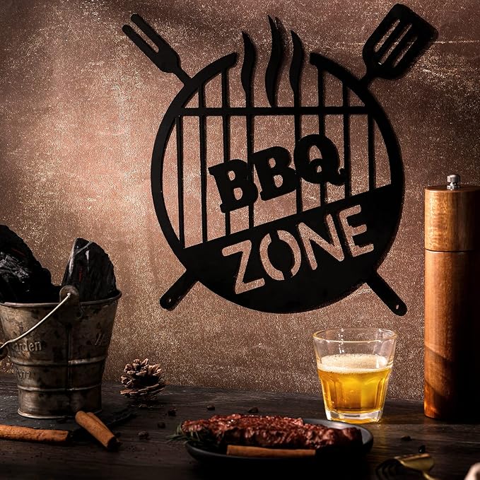 Funrous Metal BBQ Sign Outdoor Round Grill Zone Retro Barbecue Monogram Wall Decor Kitchen Hanging Grill Barbecue Sign for Backyard Patio Farmhouse Porch Deck Decorations