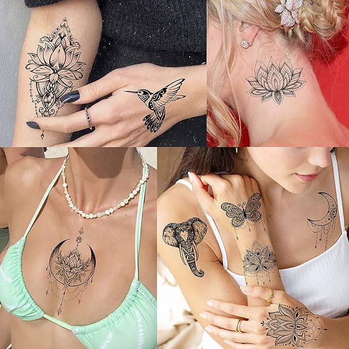 64 Sheets Tribal Vintage Black Lotus Temporary Tattoos for Women Girls, Bohemia Mandala Flower Fake Sleeve Tattoos for Adults Owl Moon