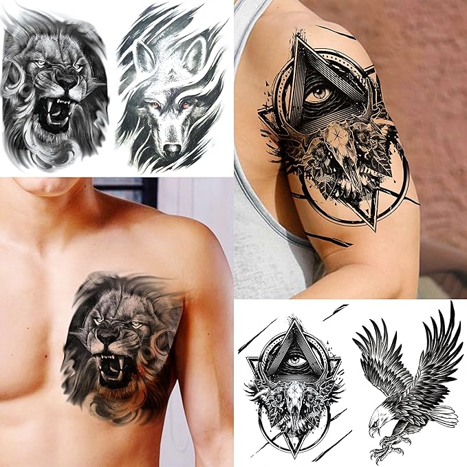 50 Sheets Black Temporary Tattoos For Men Adults Ealge Dragon Lion Wolf Animals For Women Neck Arm Thigh, Fake Small Skull Tattoo Sticker For Kids Children Boys Girls Tatoos
