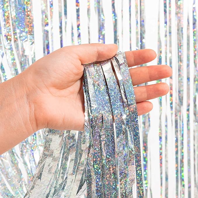 Silver Foil Fringe Tinsel Backdrop - GREATRIL Metallic Tinsel Streamers Curtains for 2026 NYE/Prom/Dancing Ball/Christmas/Bachelorette Party Decorations - Pack of 2