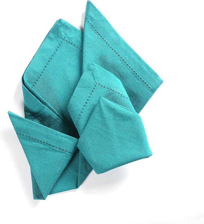 LFH Home Hemstitched Cloth Dinner Napkins 18x18 Inch Set of 12 - Reusable 100% Cotton Machine Washable Cocktail Napkins with Metered Corners for Daily, Party, Wedding, Bar Use - Teal
