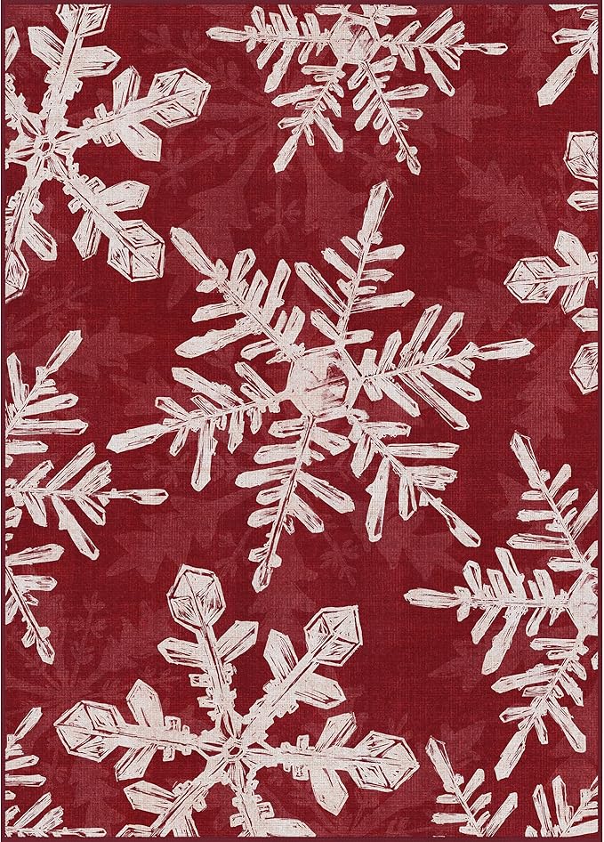 Christmas Area Rug 6x9 for Living Room, Washable Rug for Bedroom, Christmas Home Decor, Holiday Print Carpet, Low Pile Non Slip Mat with Rubber Backing, Snowflake
