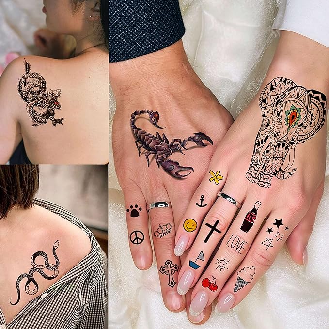 COKTAK 66 Sheets Small Black Animals Temporary Tattoos For Women Men Kids Finger Arm, Tiny Space Moon Halloween Tattoo Stickers Adults Teens Girls Boys Hands, Fake Tattoos That Look Real And Last Long