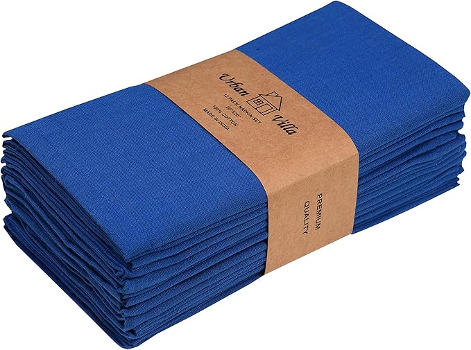 Urban Villa Cloth Napkins 100% Cotton Slub Absorbent Dinner Napkins (Set of 12) Oversized 20x20 Inches Solid Royal Blue Color Soft Durable Reusable Washable Ideal for Everyday Use Wedding Parties