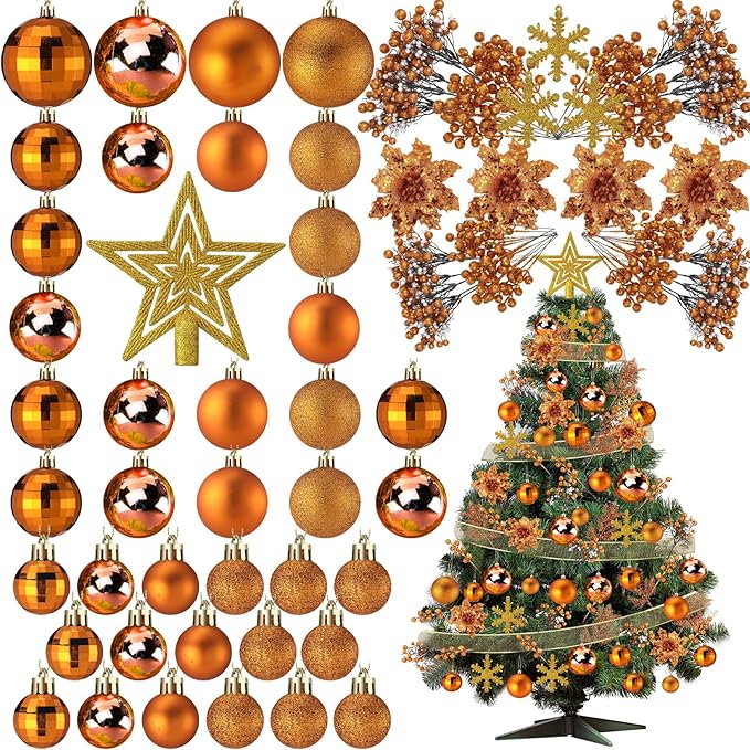 Sratte 94 Pcs Christmas Tree Decorations Set, Christmas Tree Ball Ornaments Glitter Poinsettia Flowers Decorations Glitter Berries Stems for Xmas Holiday Wedding(Orange)