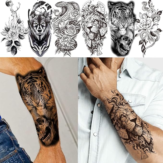 20 Sheets Extra Large Full Arm Temporary Tattoos For Men Adults, Tiger Snake Leopard Lion King Temporary Tattoos Sleeve For Women, Temp Waterproof Fake Tattoo Stickers For Kids Warrior Tatoos