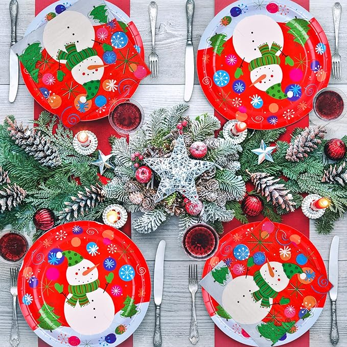 Gatherfun Christmas Party Supplies Christmas Snowman Disposable Paper Dinner Plates and Napkins for party decorations, Serve 50