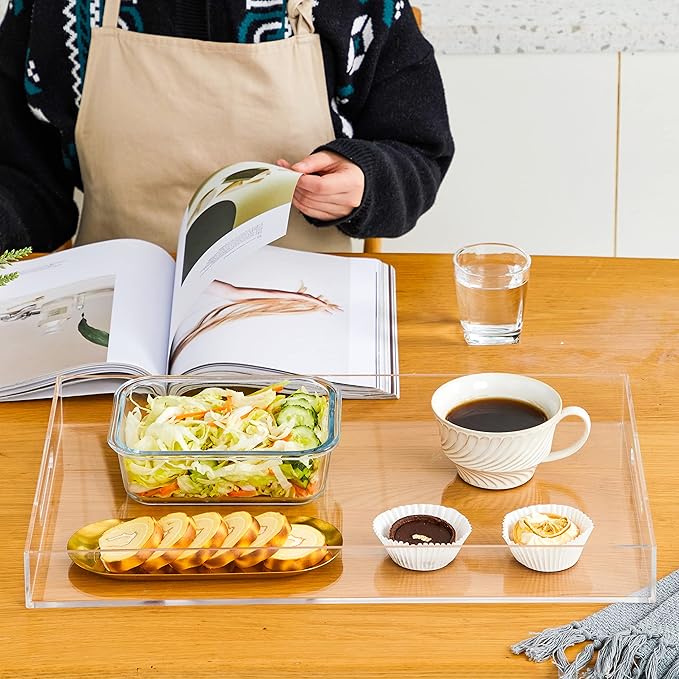 Clear Sturdy Acrylic Serving Tray with Handles 12x20x2H Inches -Spill Proof- Decorative Trays Countertop Organizer for Ottoman Coffee Table Nightstand, sidetable, Breakfast, Tea, Food