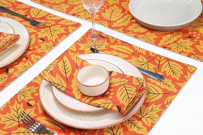 PurpleEssences Fall Napkins, Maple Leaves 18x18 Fall Cloth Napkins Set of 6, 100% Cotton Autumn Fall Harvest Thanksgiving Dinner Napkins for Farmhouse Kitchen, Maple & Hazel