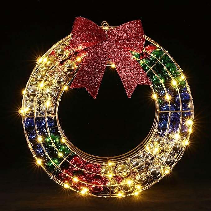 LuxenHome 24Inch Lighted Christmas Wreath, Christmas Outdoor Decorations, Large Wreath with Red Bow 188 LED Lights, Ornament Colorful Balls for Indoor, Lawn, Yard, Garden, Holiday Decor