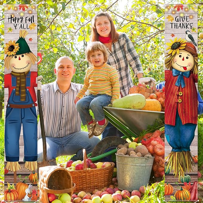 Thanksgiving Hanging Banners Happy Fall Y'all Porch Sign Autumn Hanging Door Banner Thanks Porch Banner Thanksgiving Party Decoration for Fall Indoor Outdoor Door Wall Decor