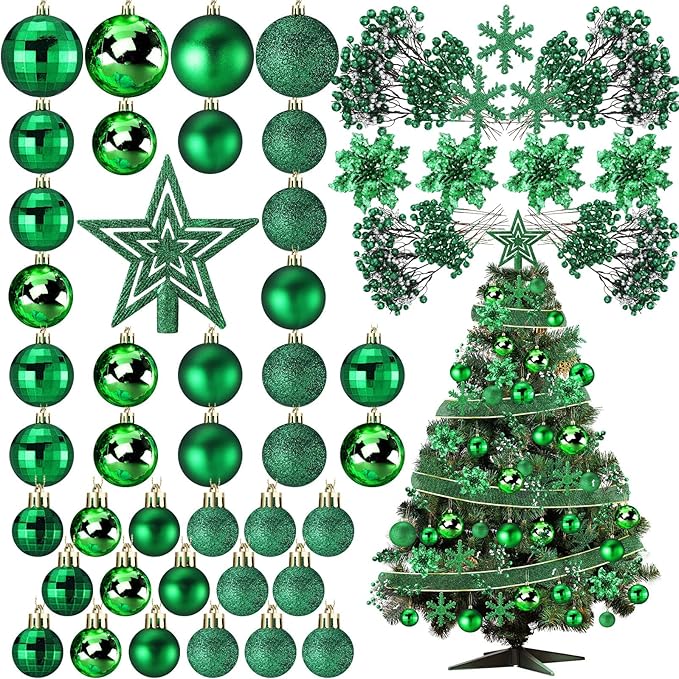 Sratte 94 Pcs Christmas Tree Decorations Set, Christmas Tree Ball Ornaments Glitter Poinsettia Flowers Decorations Glitter Berries Stems for Xmas Holiday Wedding(Green)