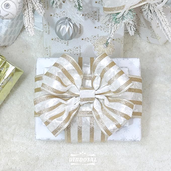 Ivory Velvet Wired Ribbon with Champagne Glitter Stripe 4 Inch Crushed Velvet Christmas Ribbon, 10 Yards for Gift Wrapping, Crafts, Christmas Tree Decorations, Wreath Supplies, Garlands