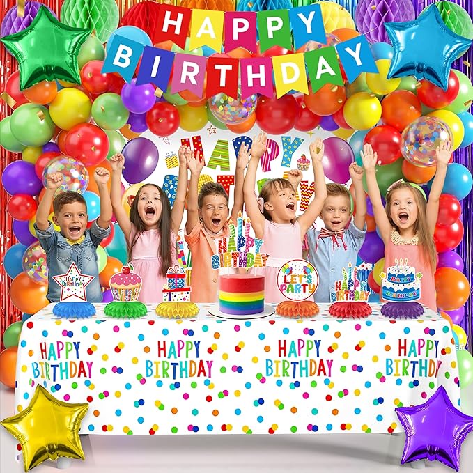 103 Pcs Colorful Birthday Decorations for Boys and Girls, Rainbow Party Decorations with Happy Birthday Backdrop Banner Tablecloth Balloon Arch Kit Centerpieces & Fringe Curtains