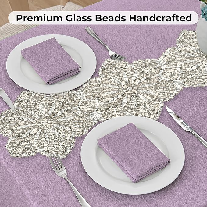 Beaded Table Runner - Elegant & Versatile Dining & Kitchen Linen for Home Decor, Weddings, Parties, Special Occasions, Modern Table Decoration & Luxury Festive Accessory White Silver - CLEENTABLE