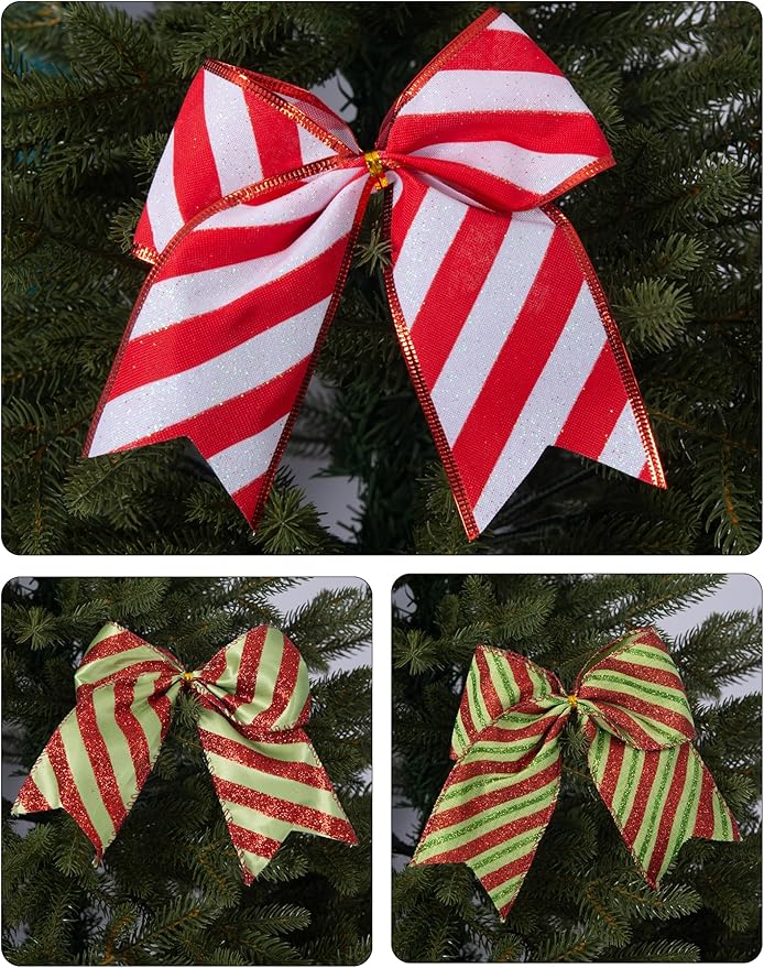 SIMISI RIBBON Christmas Tree Bows Wreaths Graland Xmas Party Decorations Red Green Stripe Ornaments (6 * 6 Inches, 12 Pcs)