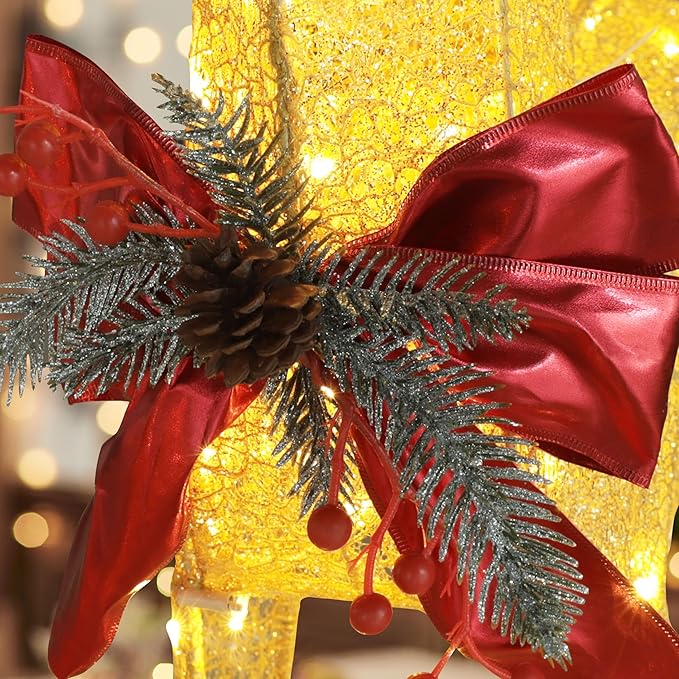 BlueWish Outdoor Christmas Decorations, 3-Piece Golden Christmas Reindeer Decor with Bow Ties, 200 LED Lights, Pre-lit Outdoor Christmas Decor for Garden, Yard, Porch
