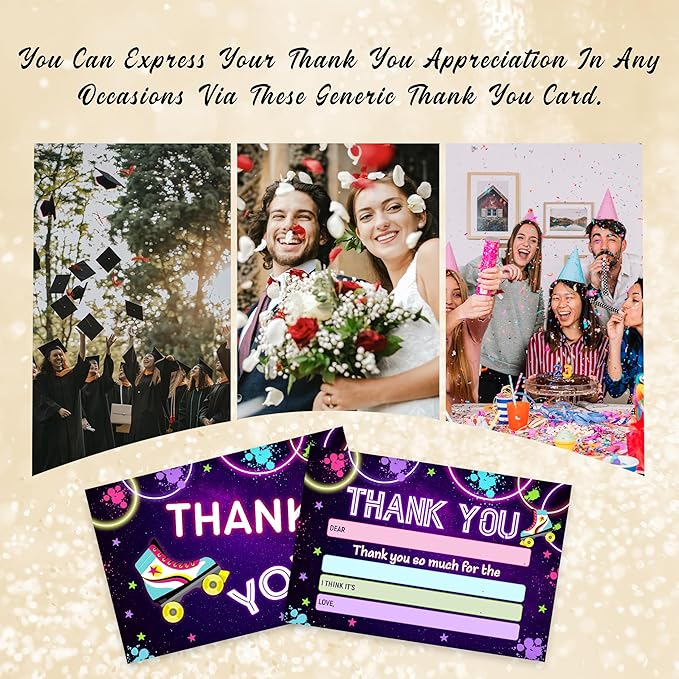 Kids Thank You Card, Retro Disco Theme Thank You Notes, Roller Skate Greeting Card With Envelope, Birthday Wedding Graduation Christmas Party Favors Supplies Decor(20 Pcs)-05